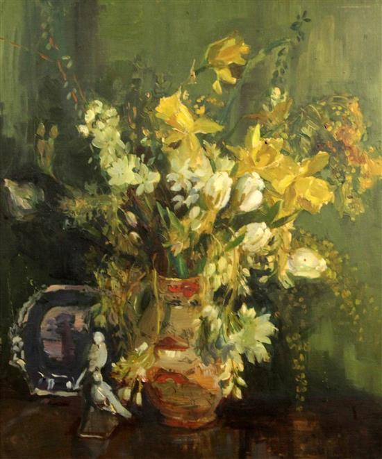 Violet McDougall (Exh. 1926-40) Still life of black flowers in a pottery jug 24 x 20in.